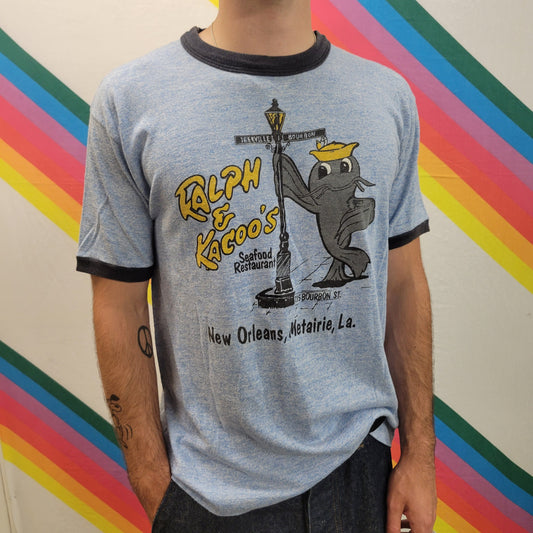 vtg 70s RALPH & KACOOS SHIRT // vintage seafood restaurant ringer new orleans louisiana bourbon street diamond soft thin mens large catfish