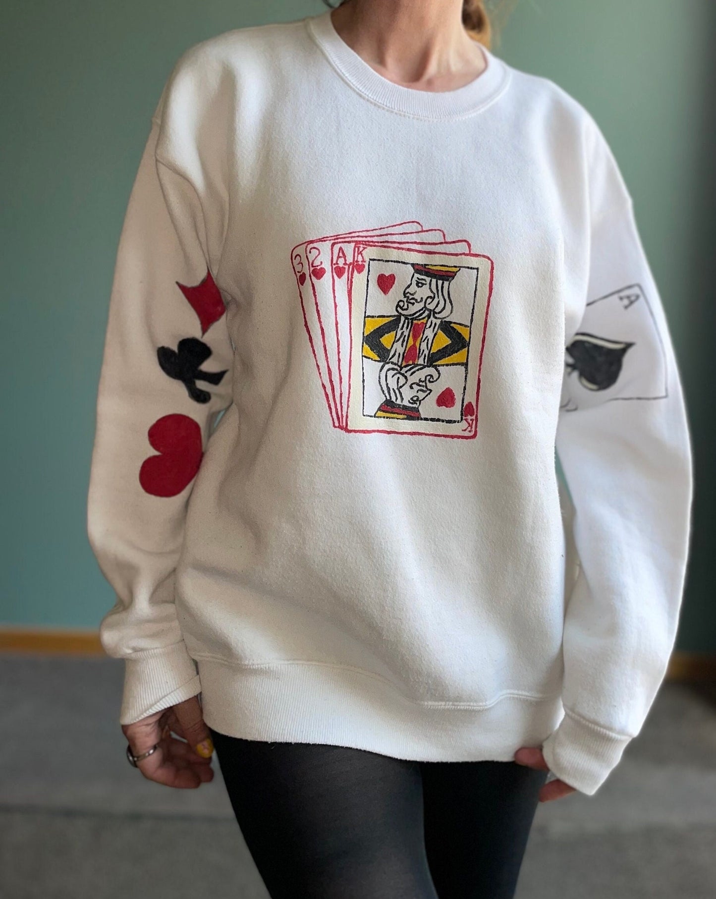 vtg 80s CARD DECK SWEATSHIRT // vintage poker womens large casino sweater homemade custom king jack of hearts queen lucky puff paint funky