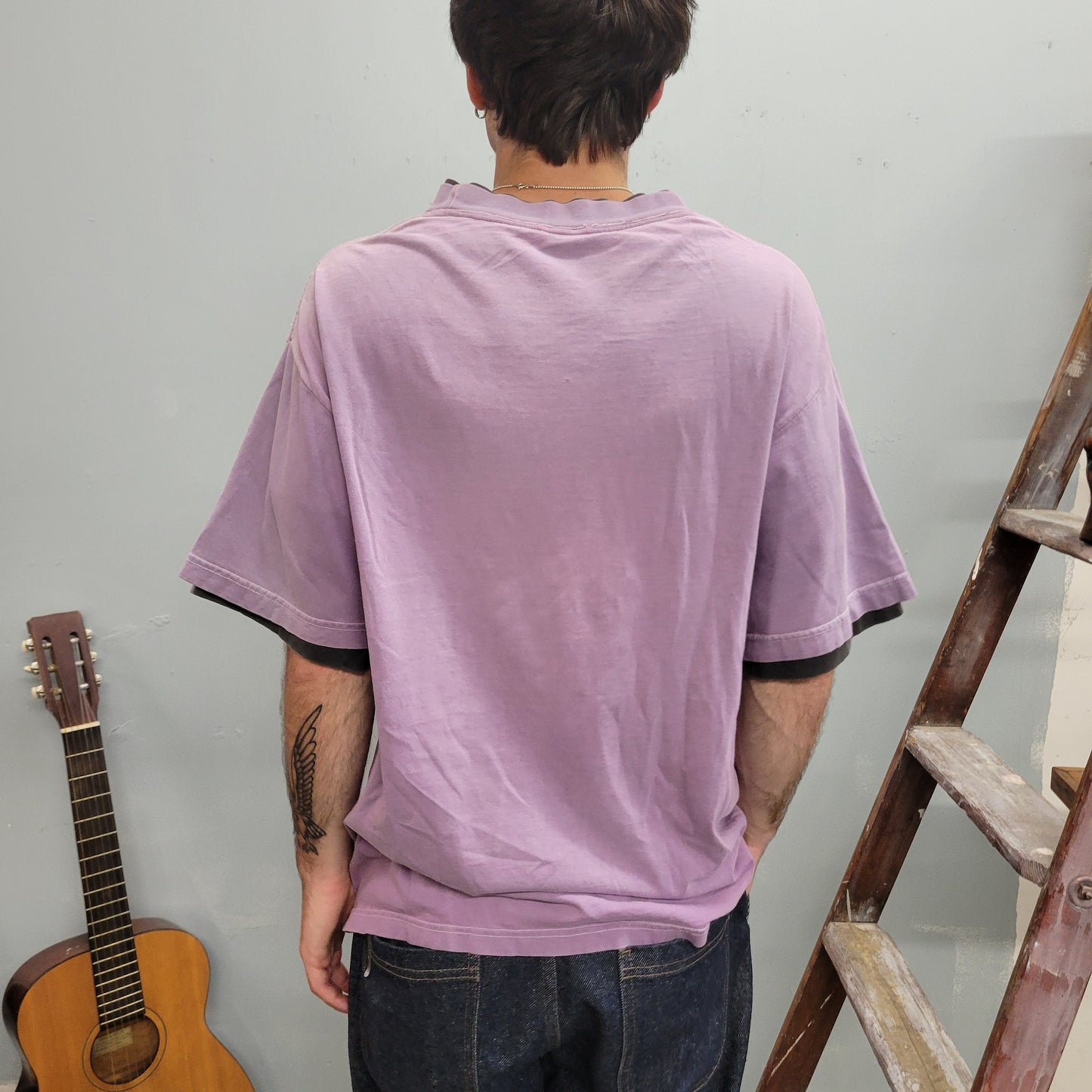 vtg 90s DISTRESSED OVERSIZED TSHIRT // true vintage basics two tone layered ringer lavender grey paint splatter large baggy  skater design