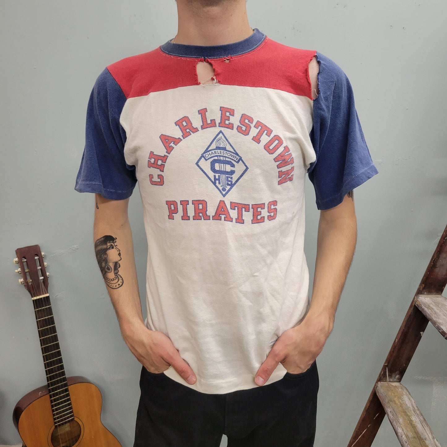 vtg 70s PIRATES T-SHIRT // vintage distressed charlestown team ringer raglan school thrashed tri tone indiana usa champion small paper thin