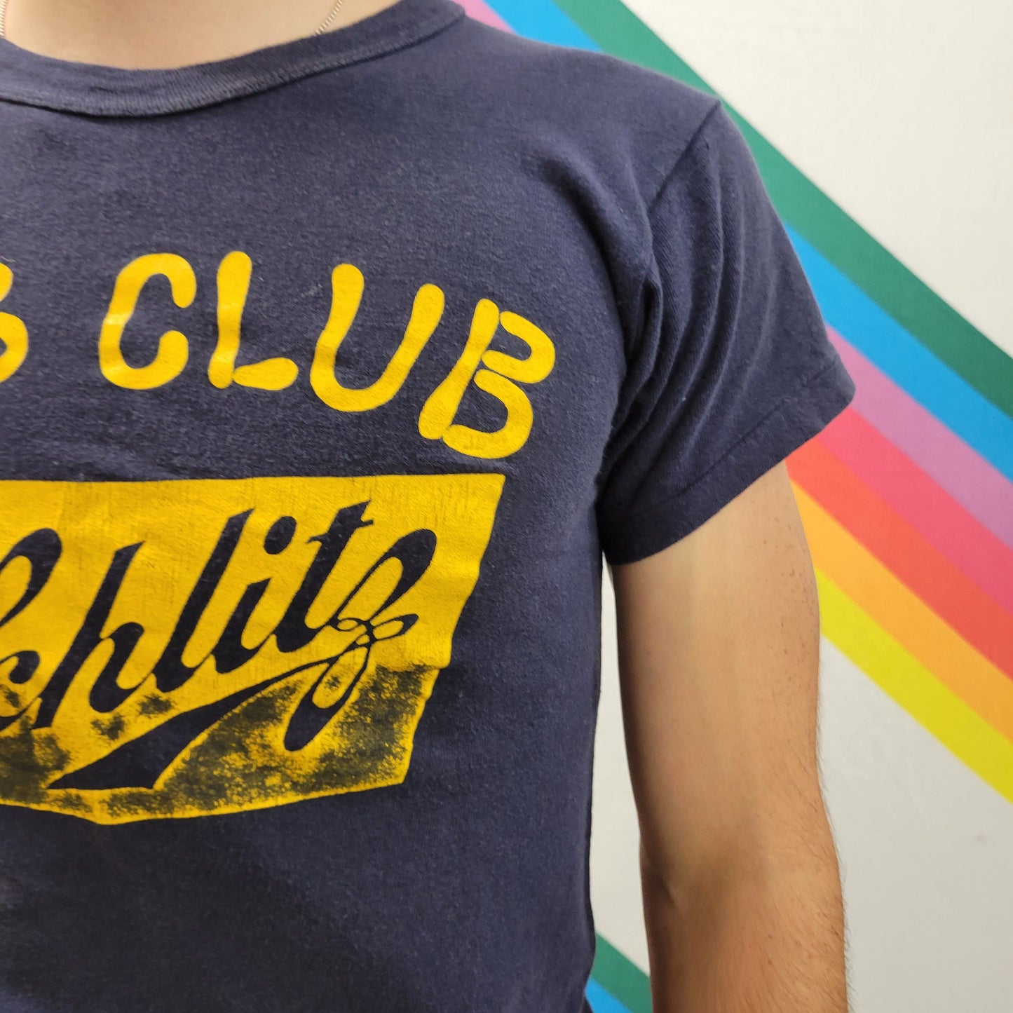 vtg 70s SCHLITZ BEER TSHIRT // vintage single stitch wisconsin brewery pub club beer tight cute fit french cut blue cotton small russell tee