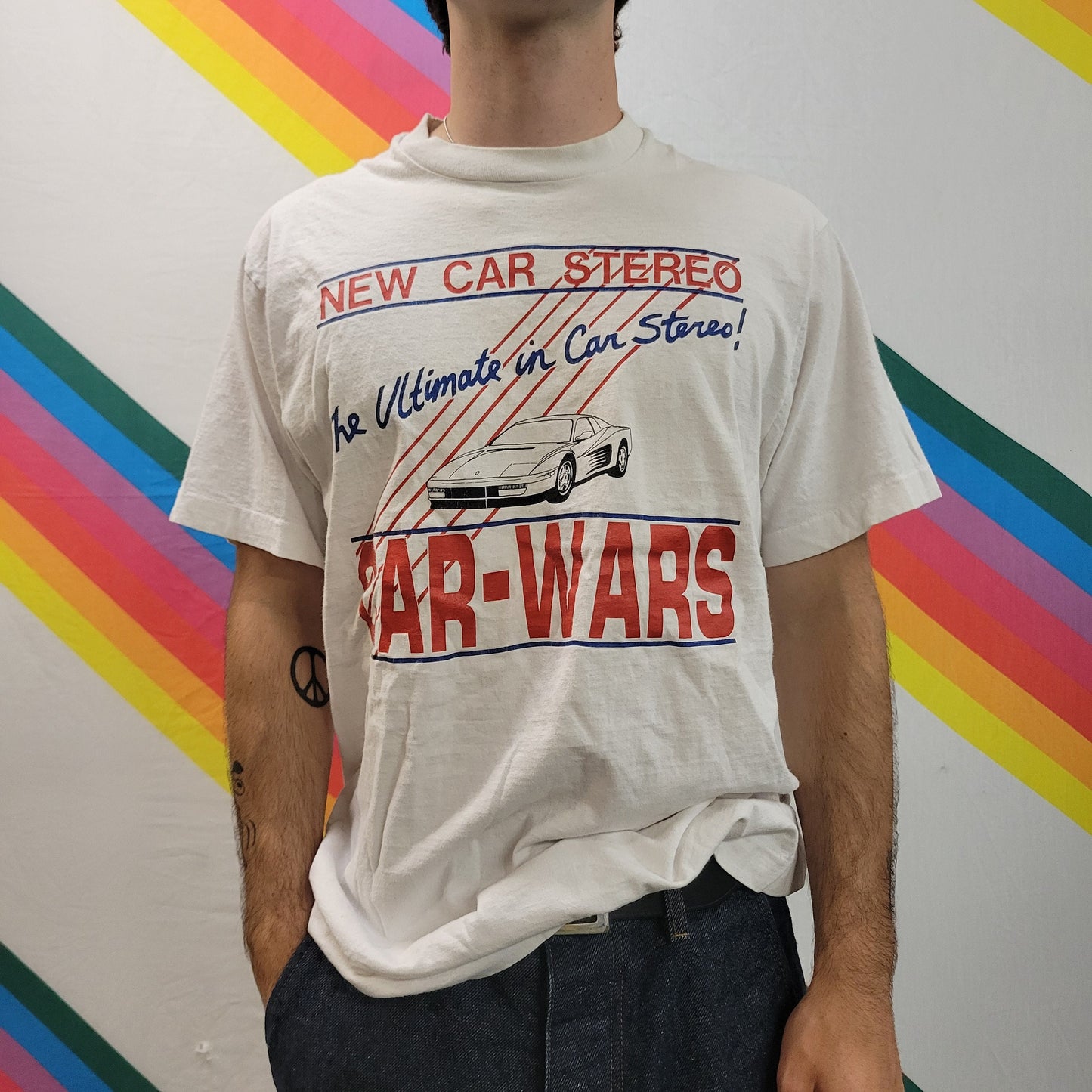 vtg 80s CAR wars STEREO TSHIRT // vintage 90s boombox speaker audio bose woofer bass based graphic truck reggae dub rap funk tweeter cone