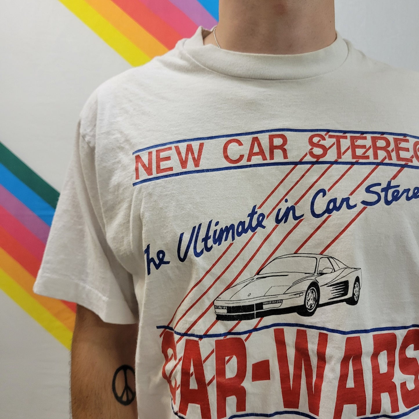 vtg 80s CAR wars STEREO TSHIRT // vintage 90s boombox speaker audio bose woofer bass based graphic truck reggae dub rap funk tweeter cone