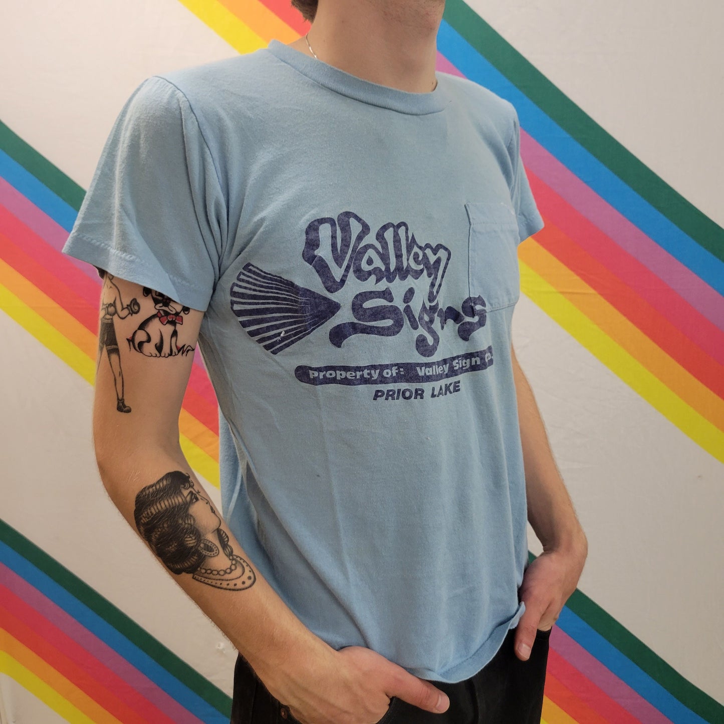 vtg 70s VALLEY SIGNS TSHIRT / vintage paper thin pastel blue thrashed distressed painters hipster rags medium pocket retro soft graphic tee