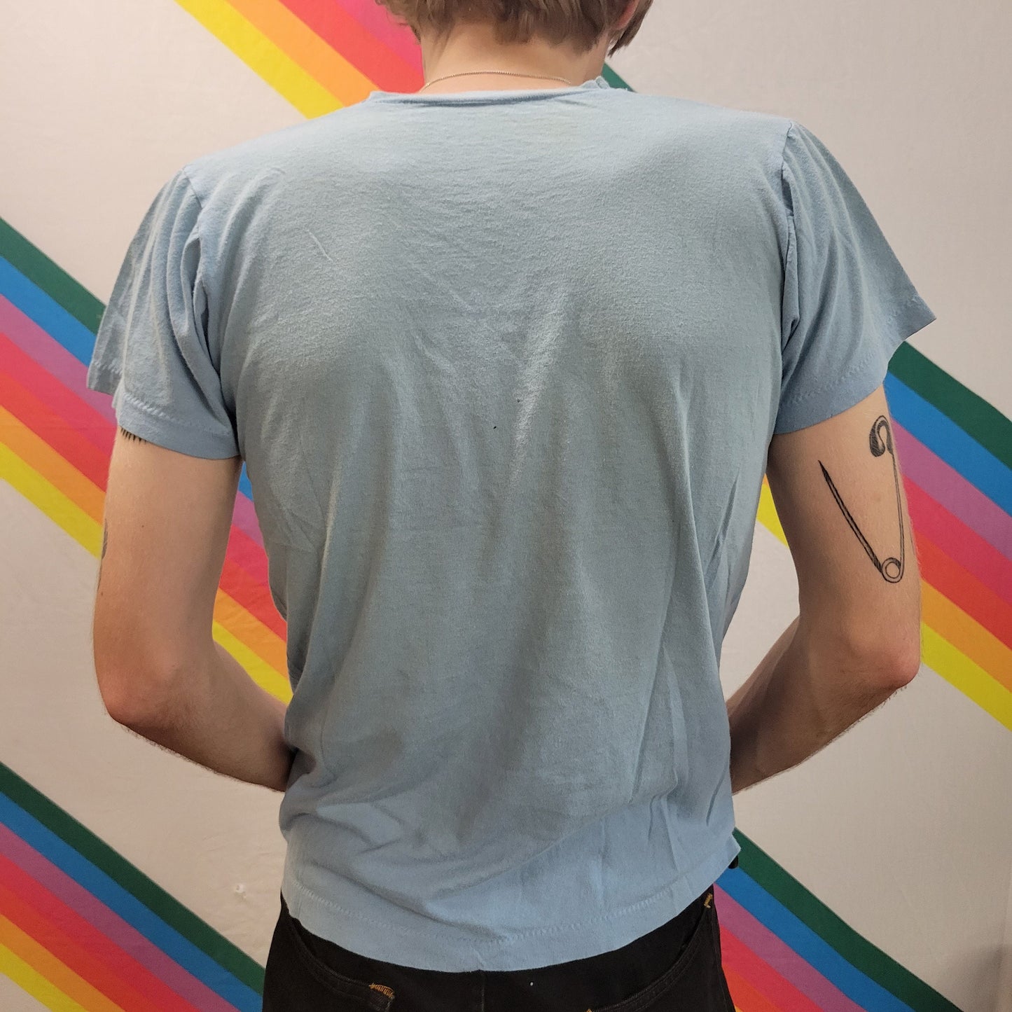 vtg 70s VALLEY SIGNS TSHIRT / vintage paper thin pastel blue thrashed distressed painters hipster rags medium pocket retro soft graphic tee