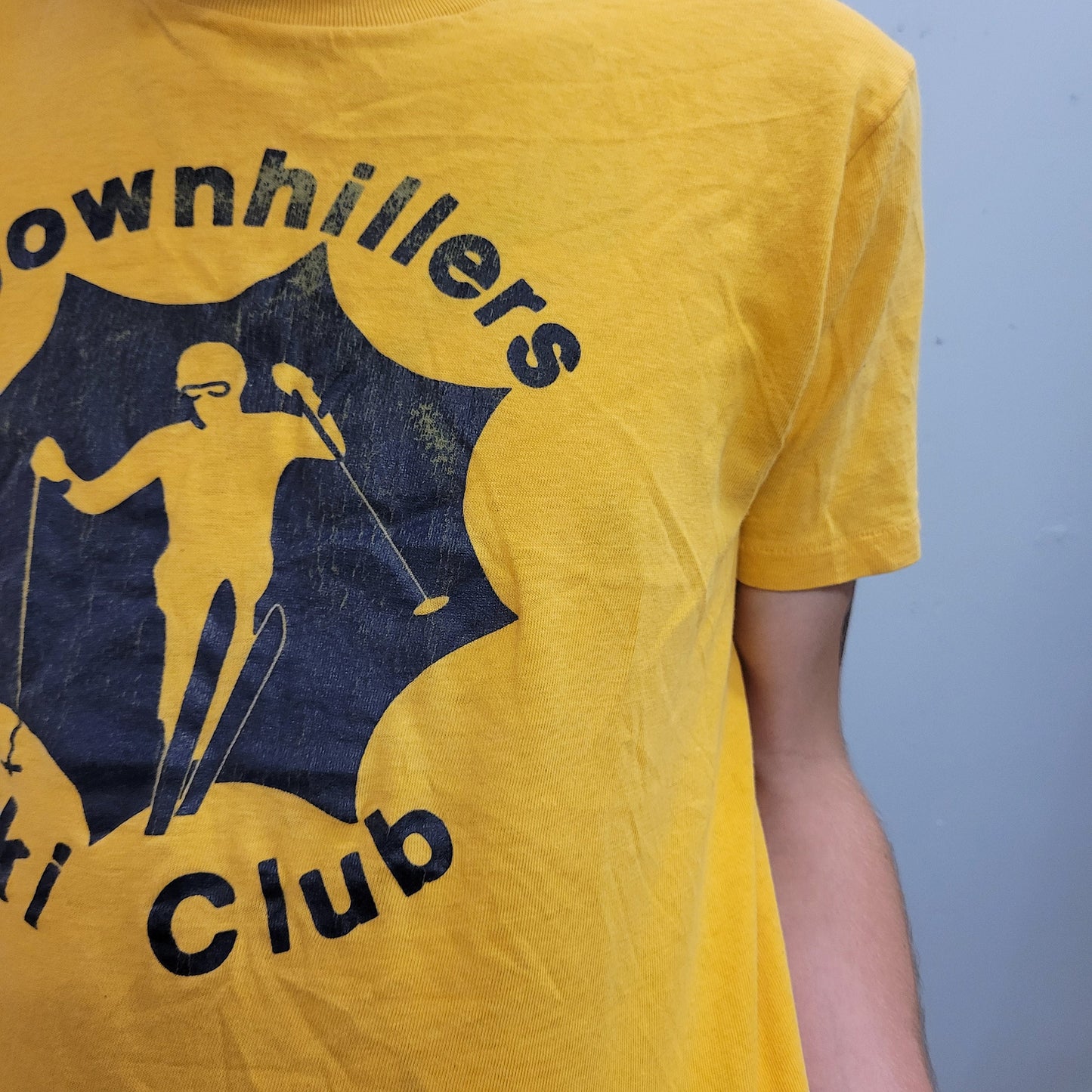 vtg 70s DOWN HILLERS SKI Club tshirt // vintage yellow thin cotton tko winter snow sport team outdoor skiing slopes mountains retro graphic