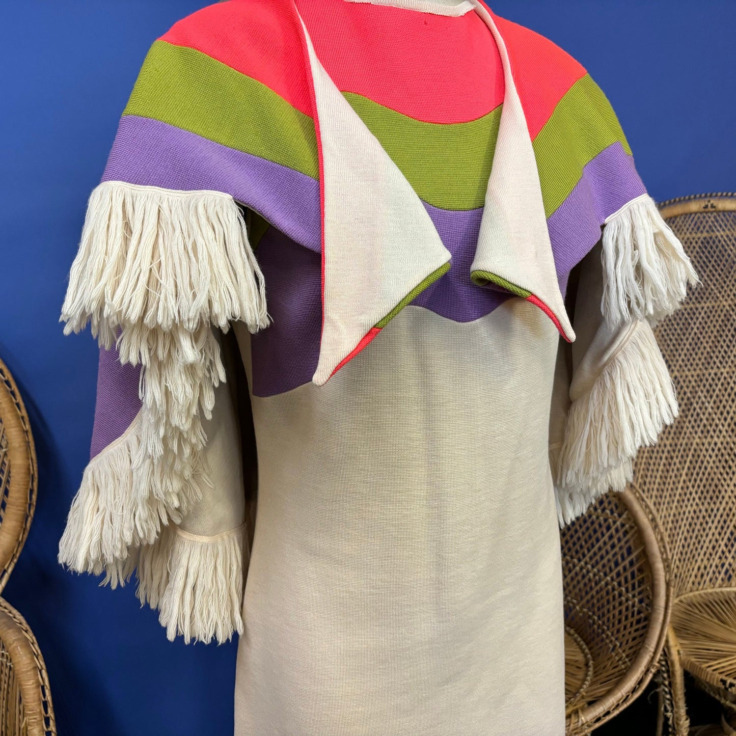 vtg 60s PSYCHEDELIC TWO PIECE Set // mod fringe shawl Jonathan Phillips italian wool tri tone color block capelet and matching dress set