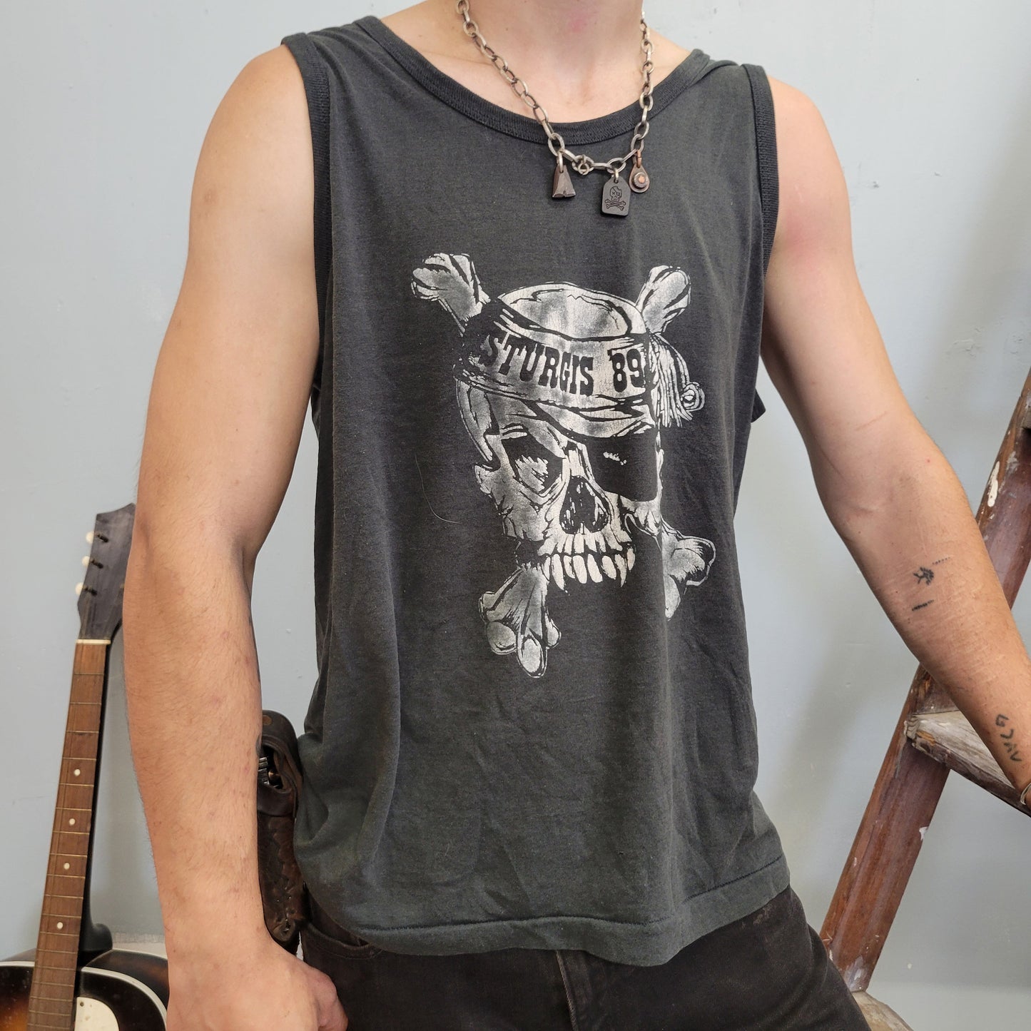 vtg 80s SKULL STURGIS TANK top // vintage single stitch muscle tee chopped goonies pirates biker outlaw punk lost boys harley 3d goth rock