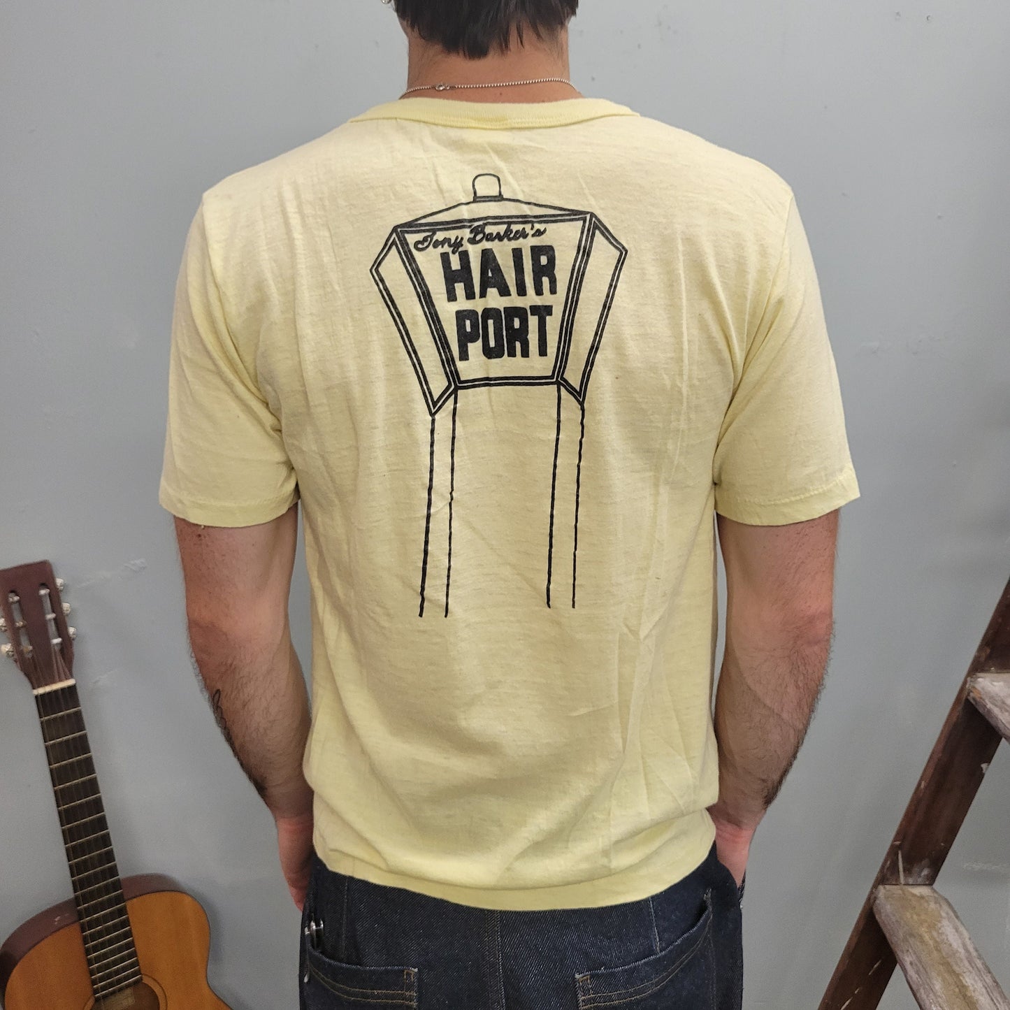 vtg 70s HAIR PORT TSHIRT // vintge paper thin single stitch shirt beige light yellow thin hippie camp style felt cotton fashion true basic