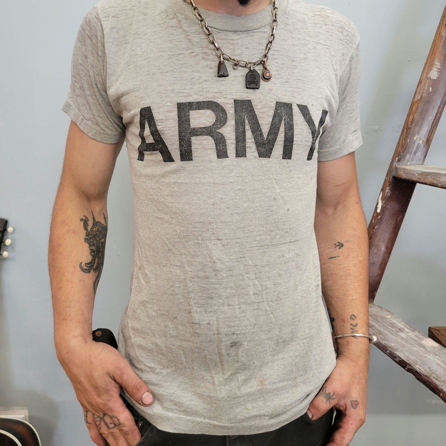 vtg 80s ARMY PAPER THIN tshirt // vintage single stitch usmc united states distressed   gym workout faded broken holes tears transparent