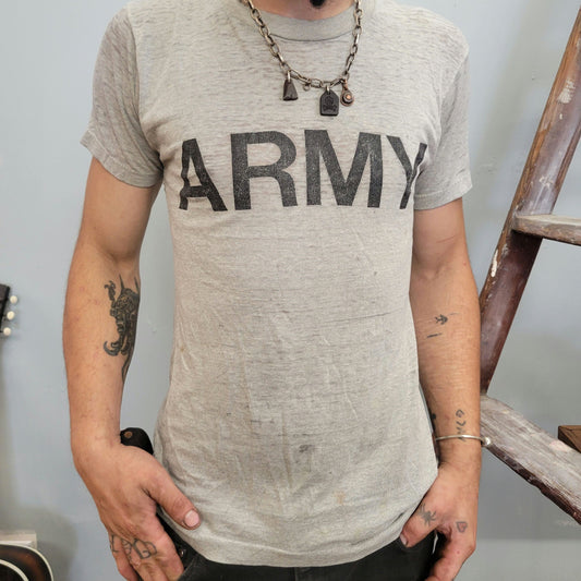 vtg 80s ARMY PAPER THIN tshirt // vintage single stitch usmc united states distressed   gym workout faded broken holes tears transparent