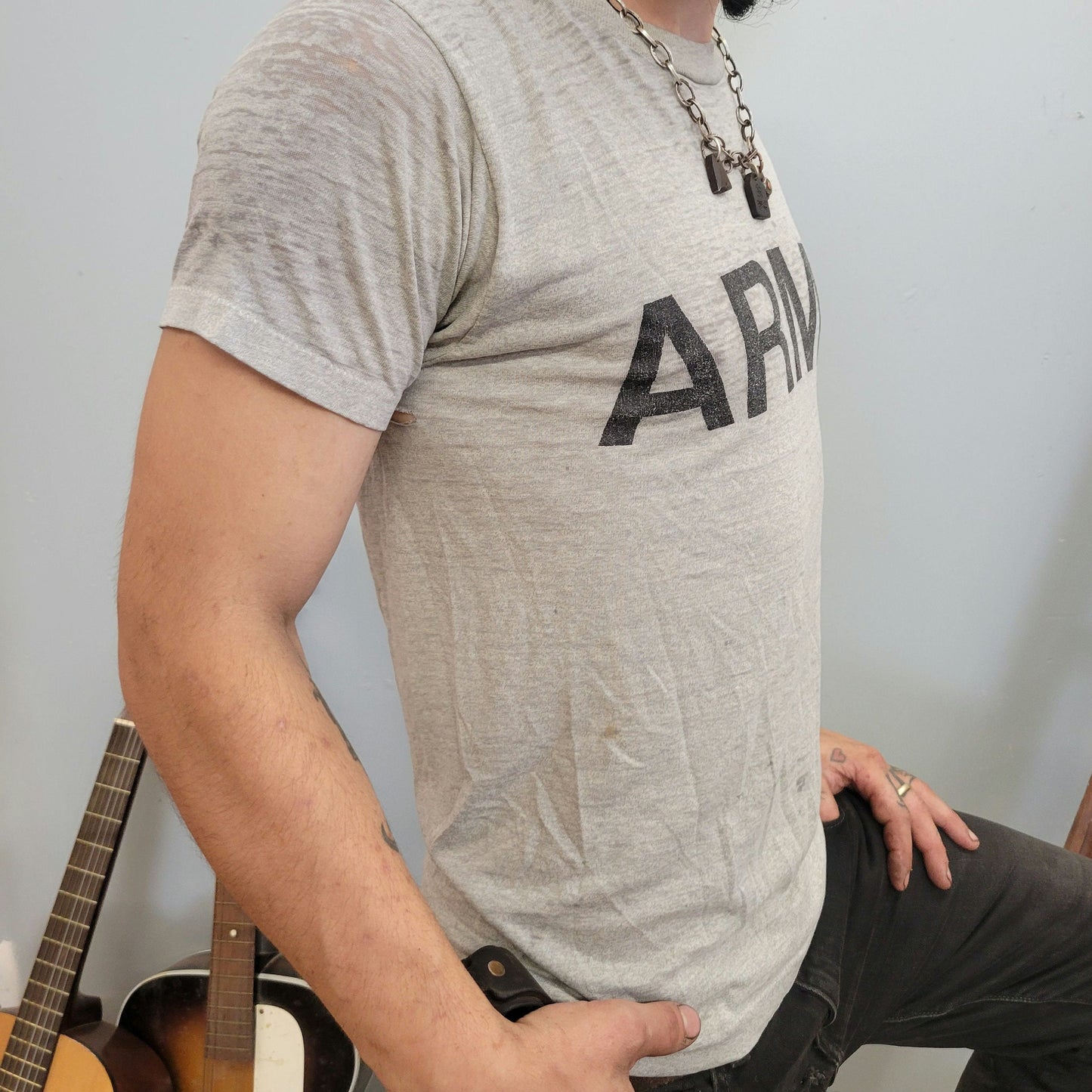 vtg 80s ARMY PAPER THIN tshirt // vintage single stitch usmc united states distressed   gym workout faded broken holes tears transparent