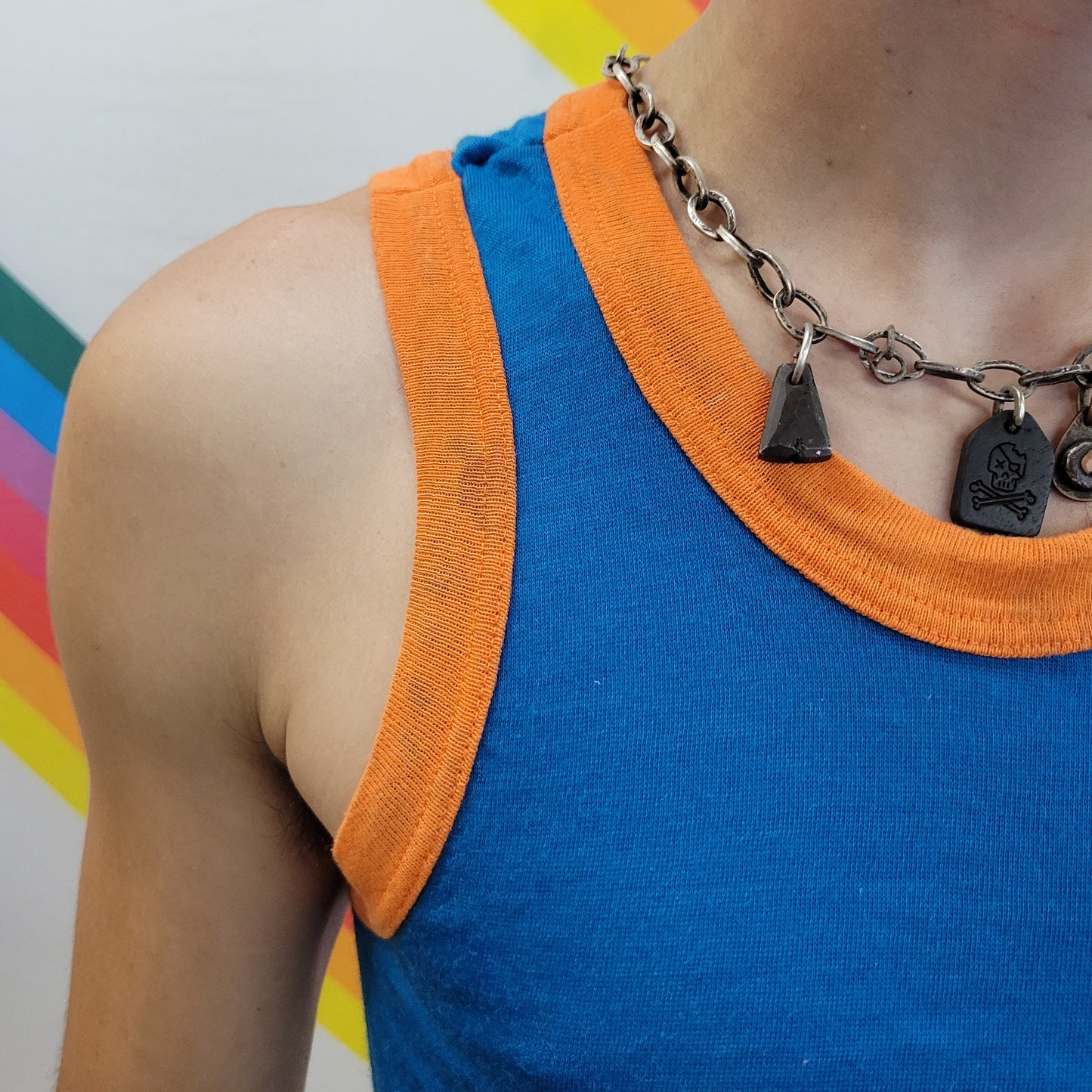 vtg 70s RINGER TANK TOP // vintage single stitch tite thin orange royal blue disco club kid sexy tight undershirt beater garment style