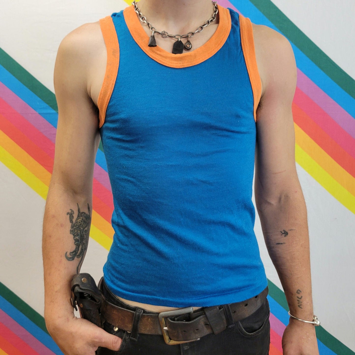 vtg 70s RINGER TANK TOP // vintage single stitch tite thin orange royal blue disco club kid sexy tight undershirt beater garment style