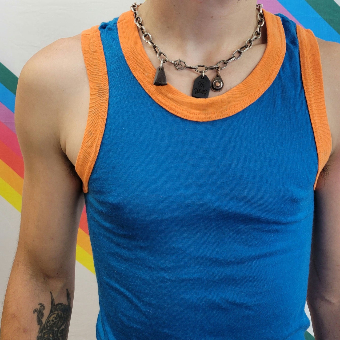 vtg 70s RINGER TANK TOP // vintage single stitch tite thin orange royal blue disco club kid sexy tight undershirt beater garment style