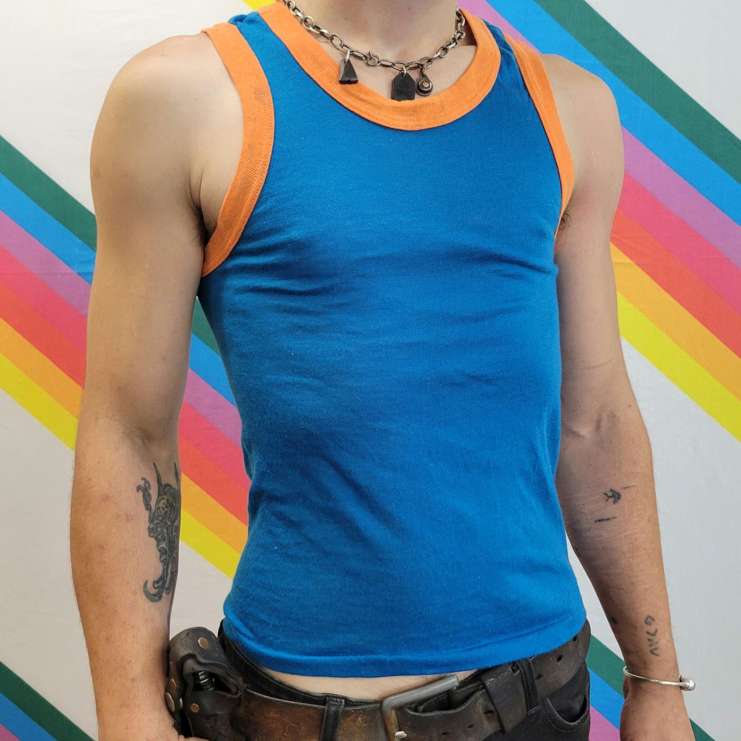 vtg 70s RINGER TANK TOP // vintage single stitch tite thin orange royal blue disco club kid sexy tight undershirt beater garment style