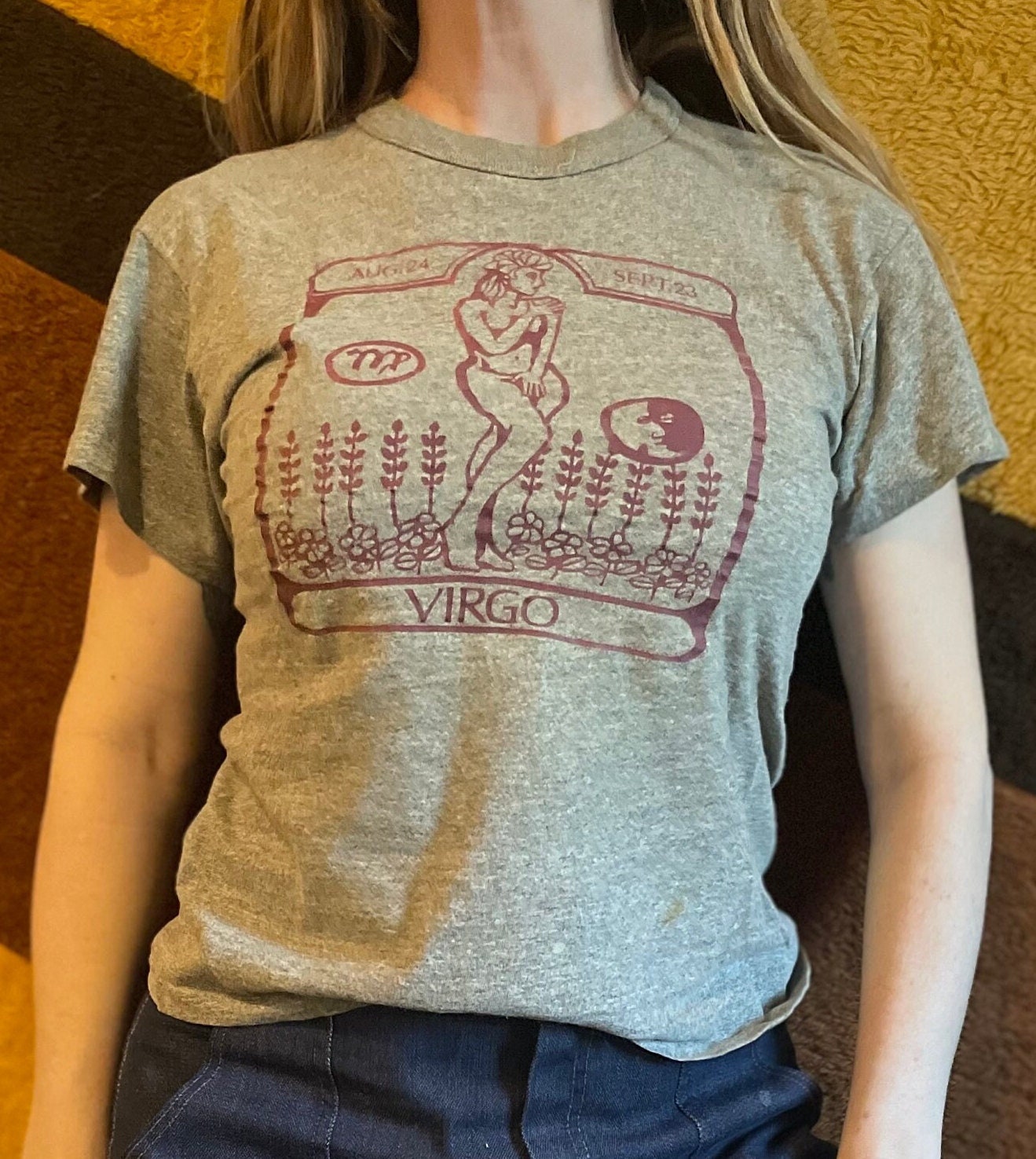 vtg 70s ZODIAC VIRGO TSHIRT // french cut horoscope iron on graphic tee distressed grey hippie new age celestial soft thin graphic tee