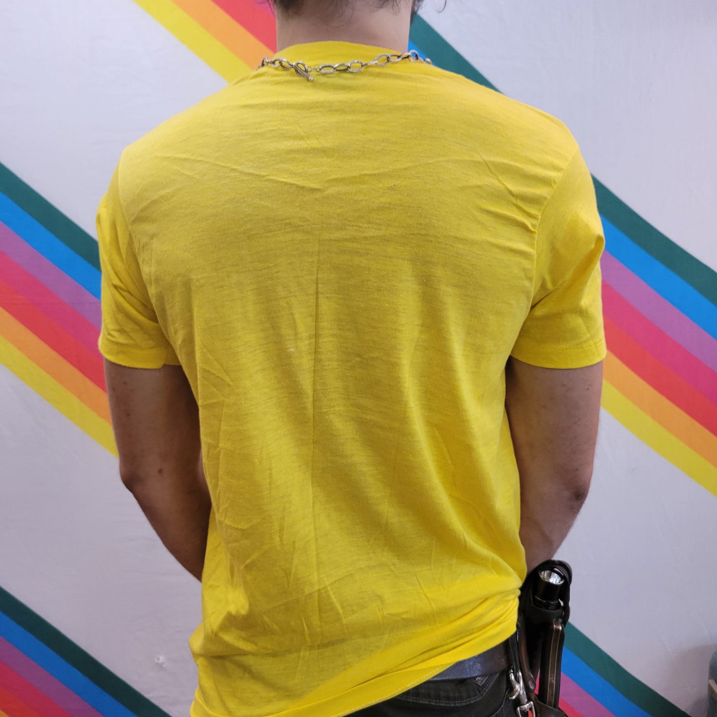 vtg 80s ALASKA CRUDE TSHIRT // vintage thin yellow sunflower bar bartender beer shots liquor store pub drink drinking country dive club gin