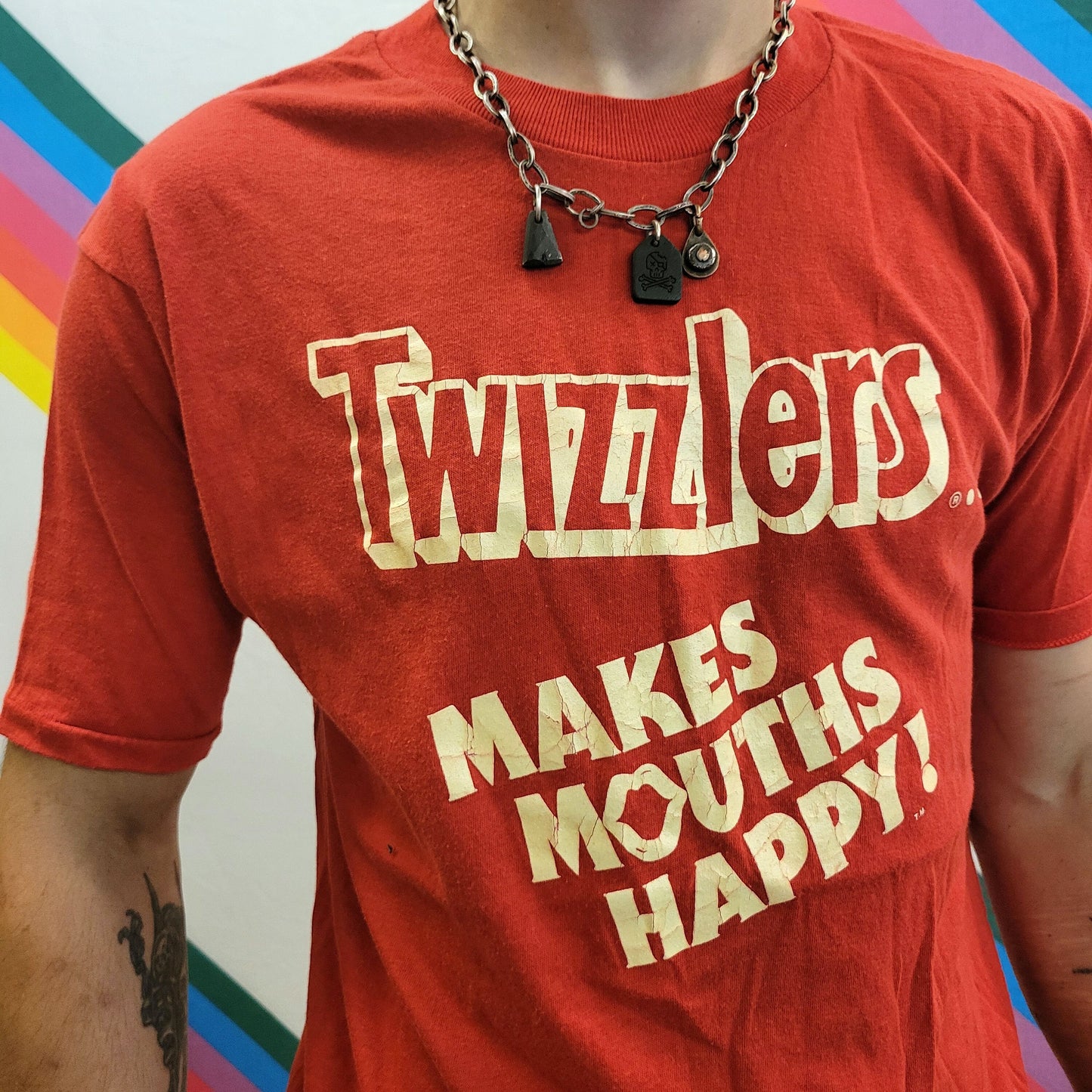 vtg 80s TWIZZLERS CANDY TSHIRT // vintage single stitch unisex boi big red camp candy snack sugar rush vegan spiral diabetes daddy band