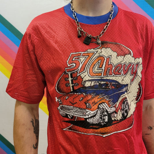 vtg 70s 57 MESH CHEVY JERSEY // vintage kids teen mesh sport shirt tee cars trucks hotrod classic 1957 oldies chevrolet football style