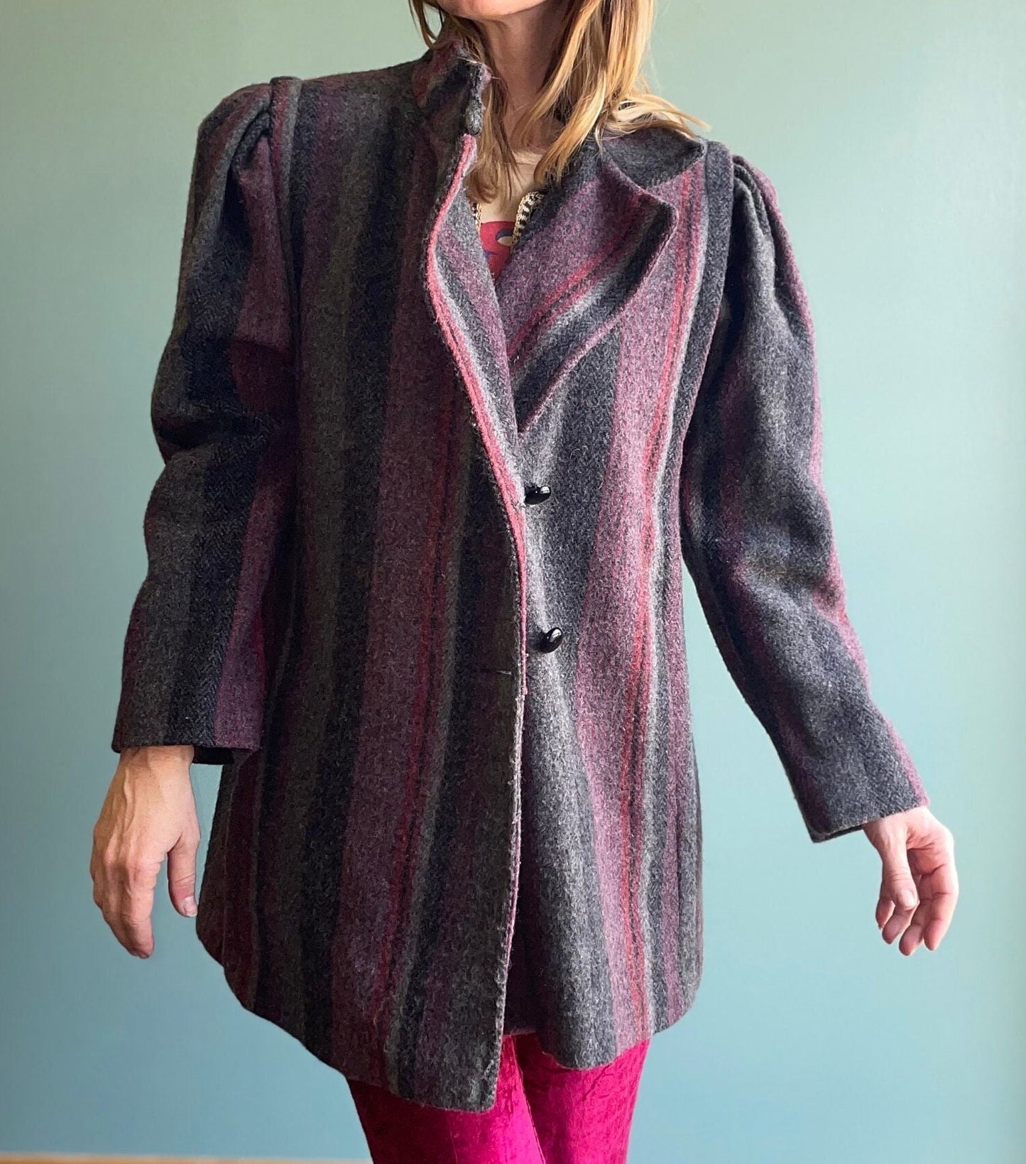 vtg 80s STRIPED WOOL COAT // vintage puffed sleeve pink and gray new wave coat stylish winter coat classy jacket unique earth tones striped