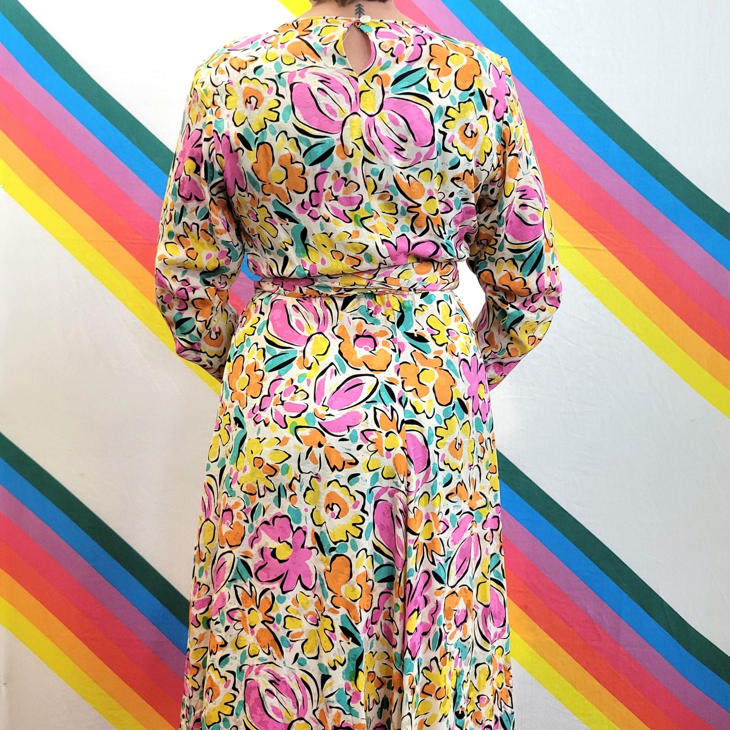 vtg 80s BRIGHT FLORAL DRESS // pastel watercolor flower print belted rayon lightweight funky flowy boutique full length flower power slinky