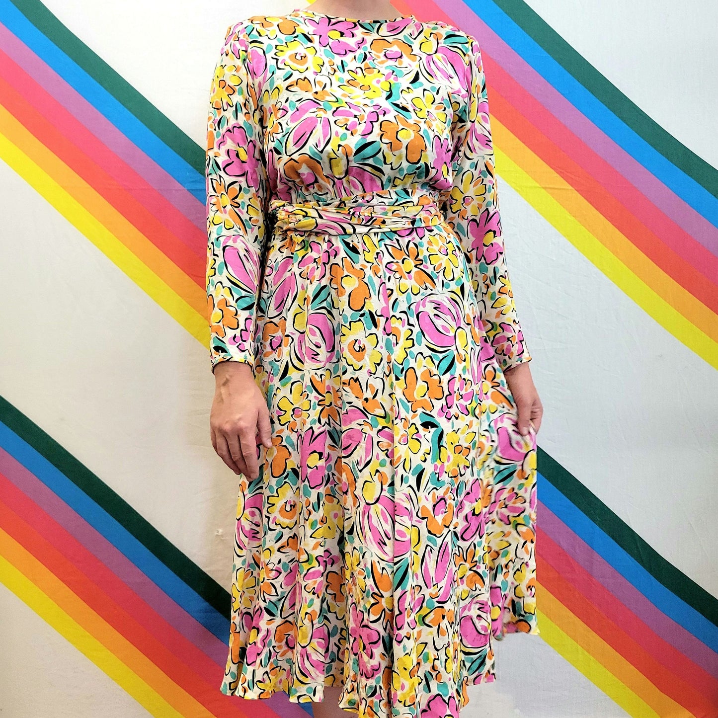 vtg 80s BRIGHT FLORAL DRESS // pastel watercolor flower print belted rayon lightweight funky flowy boutique full length flower power slinky