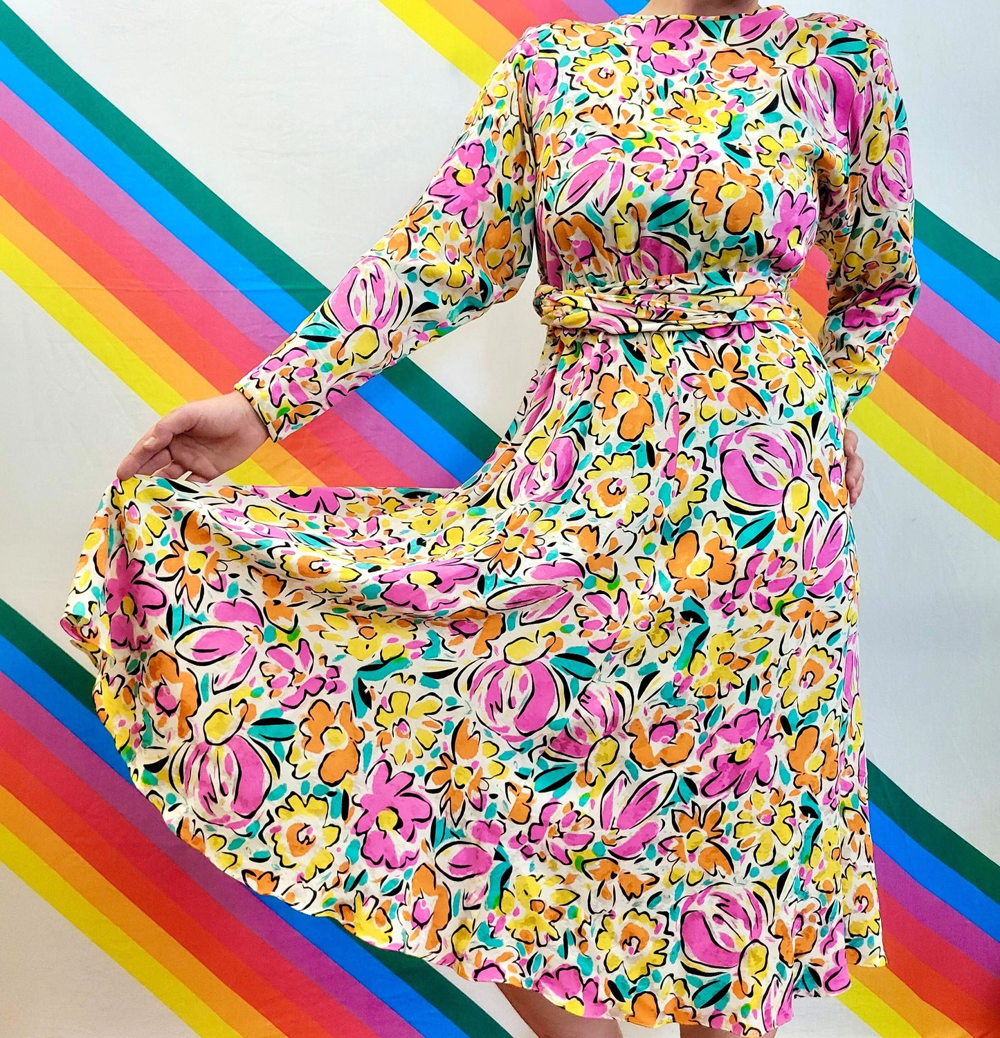 vtg 80s BRIGHT FLORAL DRESS // pastel watercolor flower print belted rayon lightweight funky flowy boutique full length flower power slinky