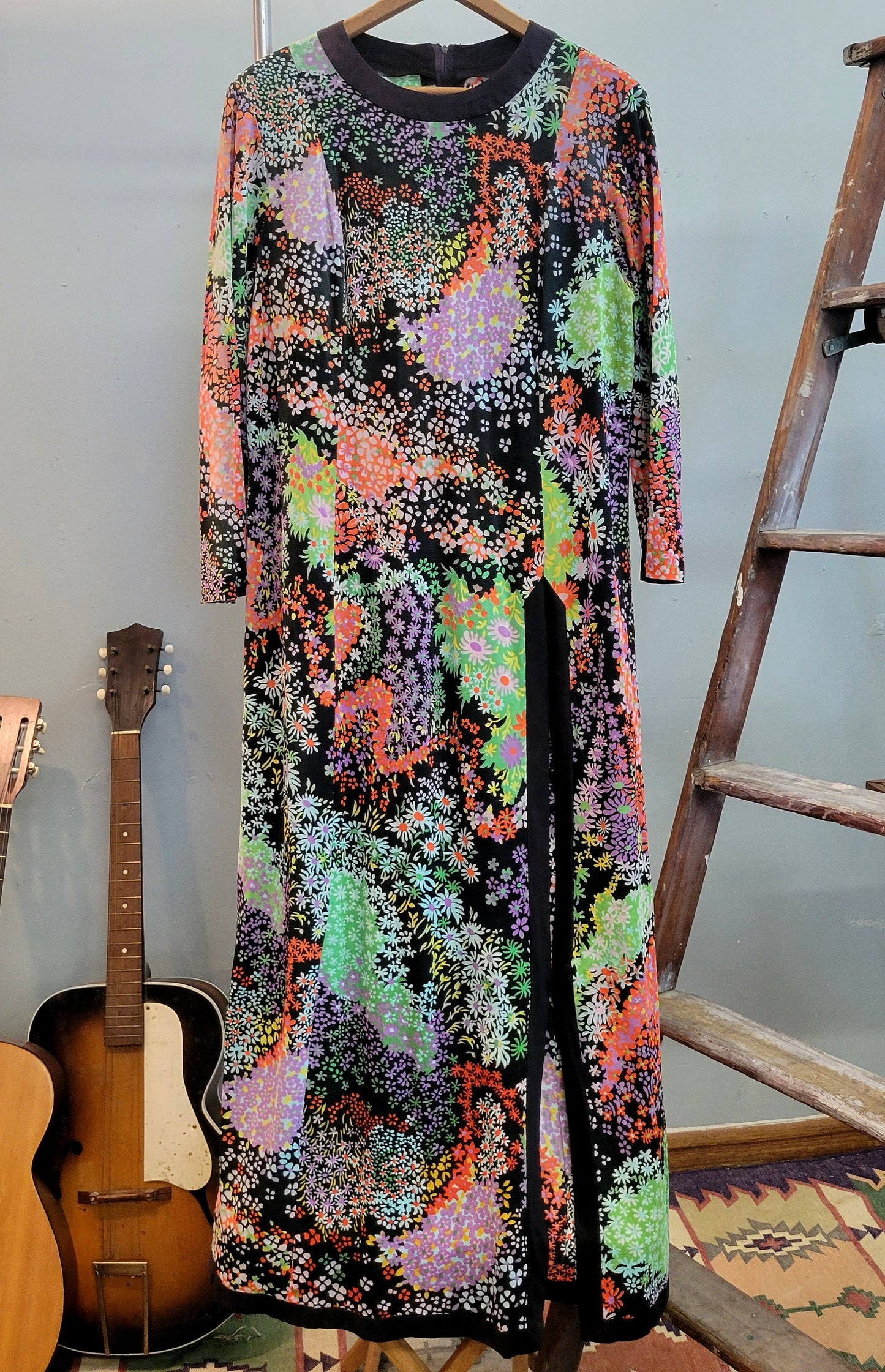 vtg 70s PSYCHEDELIC MAXI DRESS // high thigh slit flower power mod retro patchwork groovy hostess party full length bright neon funky hippie