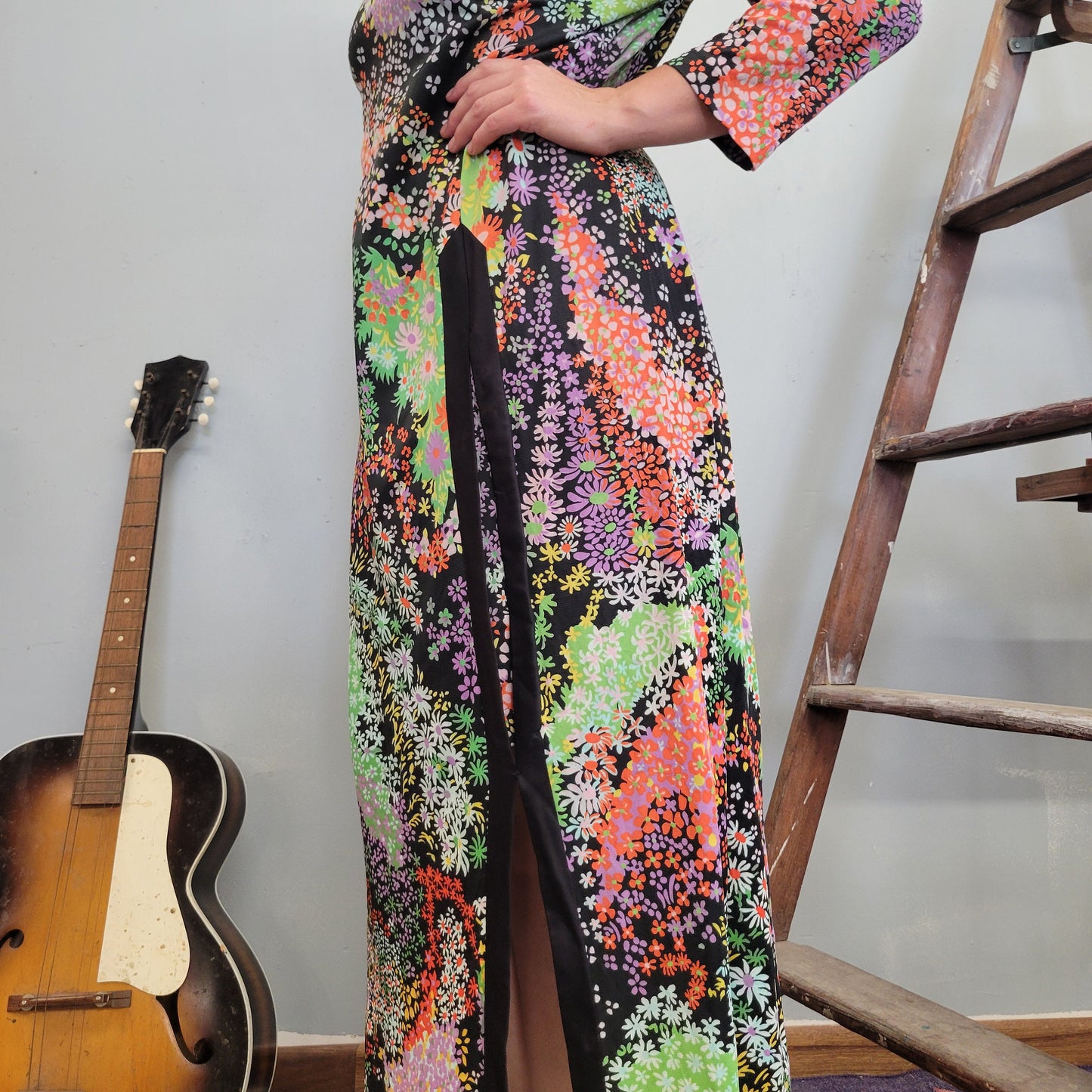 vtg 70s PSYCHEDELIC MAXI DRESS // high thigh slit flower power mod retro patchwork groovy hostess party full length bright neon funky hippie