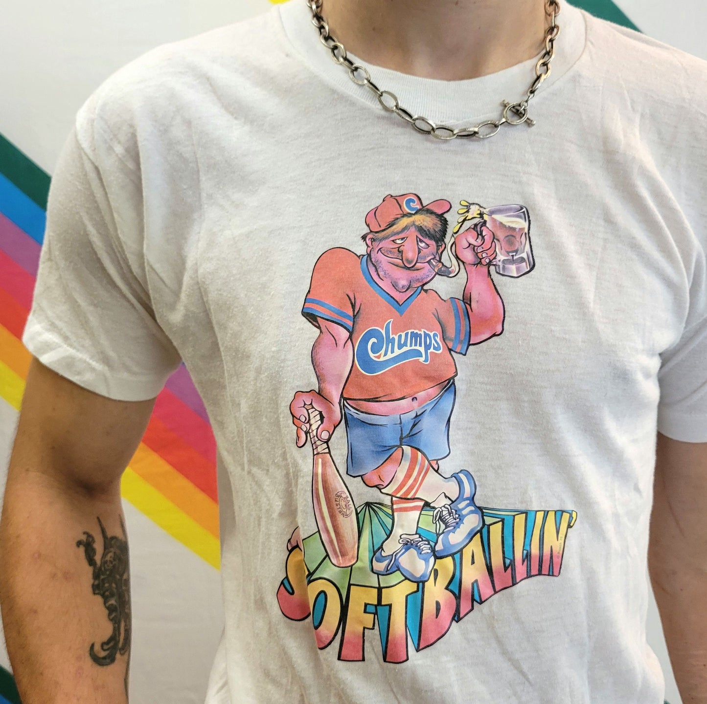 vtg 70s ROACH SOFTBALL TSHIRT // vintage iron on art print ballin baller baseball sports athletic true yellow thin summer style campy tee