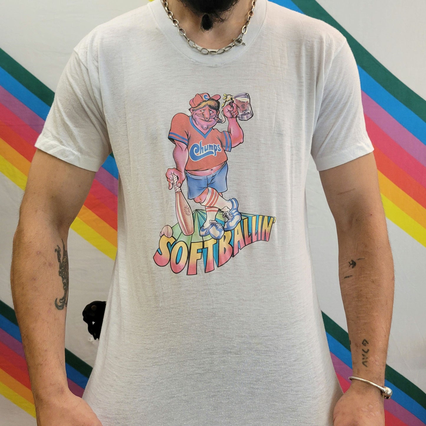 vtg 70s ROACH SOFTBALL TSHIRT // vintage iron on art print ballin baller baseball sports athletic true yellow thin summer style campy tee