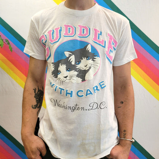 vtg 80s CUDDLE CAT TSHIRT // vintage cute kitty puddle kitten tee adorable animal lover dog pet kennel peta vegetarian washington dc