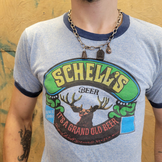 vtg 70s SCHELLS BEER RINGER tee // vintage deer brand advertisement tri blend liquor bar tavern pub minnesota mn new ulm garden fest