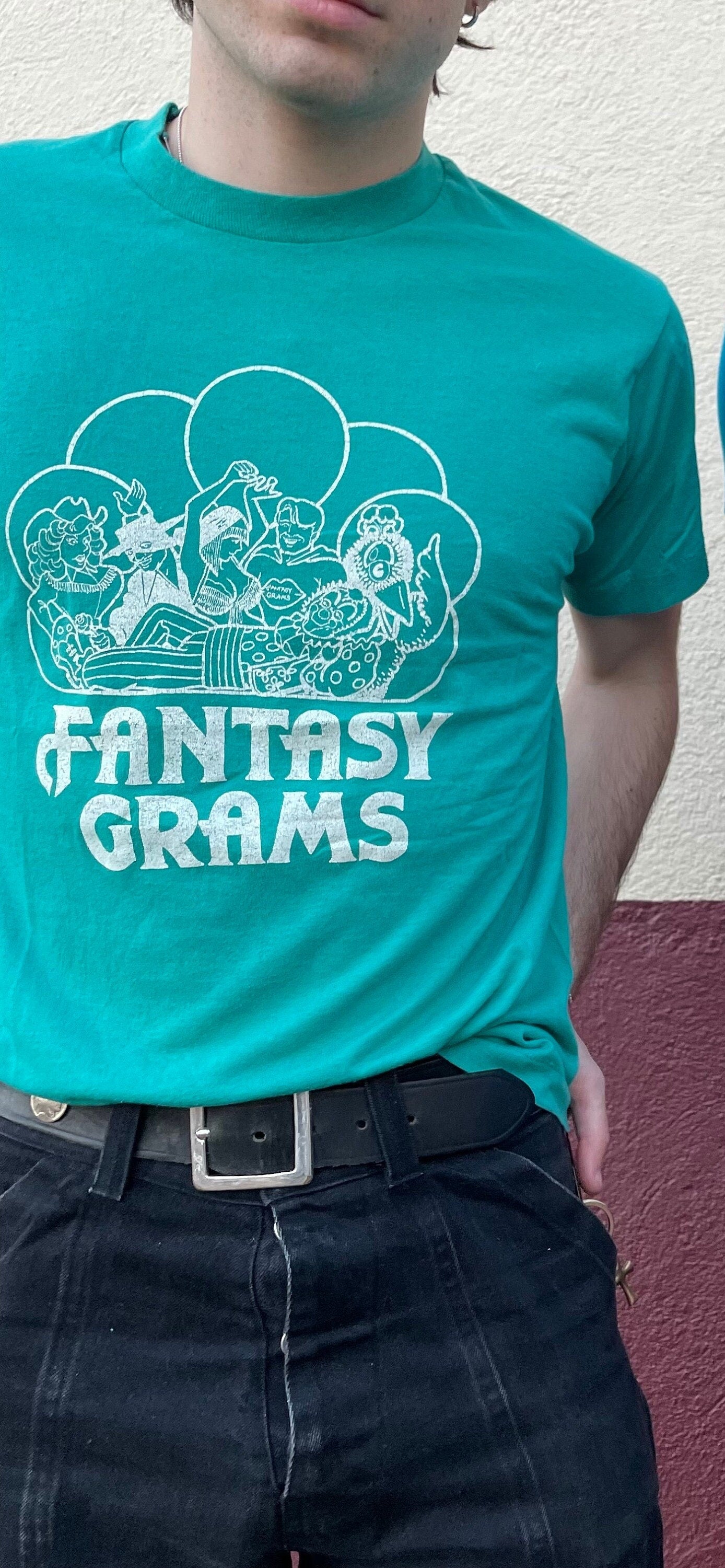 vtg 80s FANTASY GRAMS GRAPHIC Tee // vintage telegram service screen stars medium teal minneapolis single stitch paper thin soft t shirt