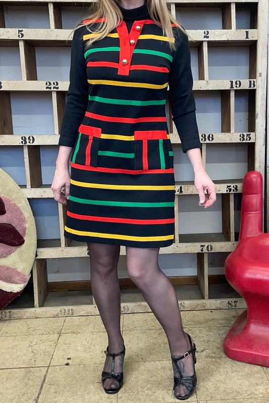 vtg 60s MOD COLOR STRIPE dress // black primary colors striped dress with pockets Ronterri 70s retro bright funky mini dress xray loud print