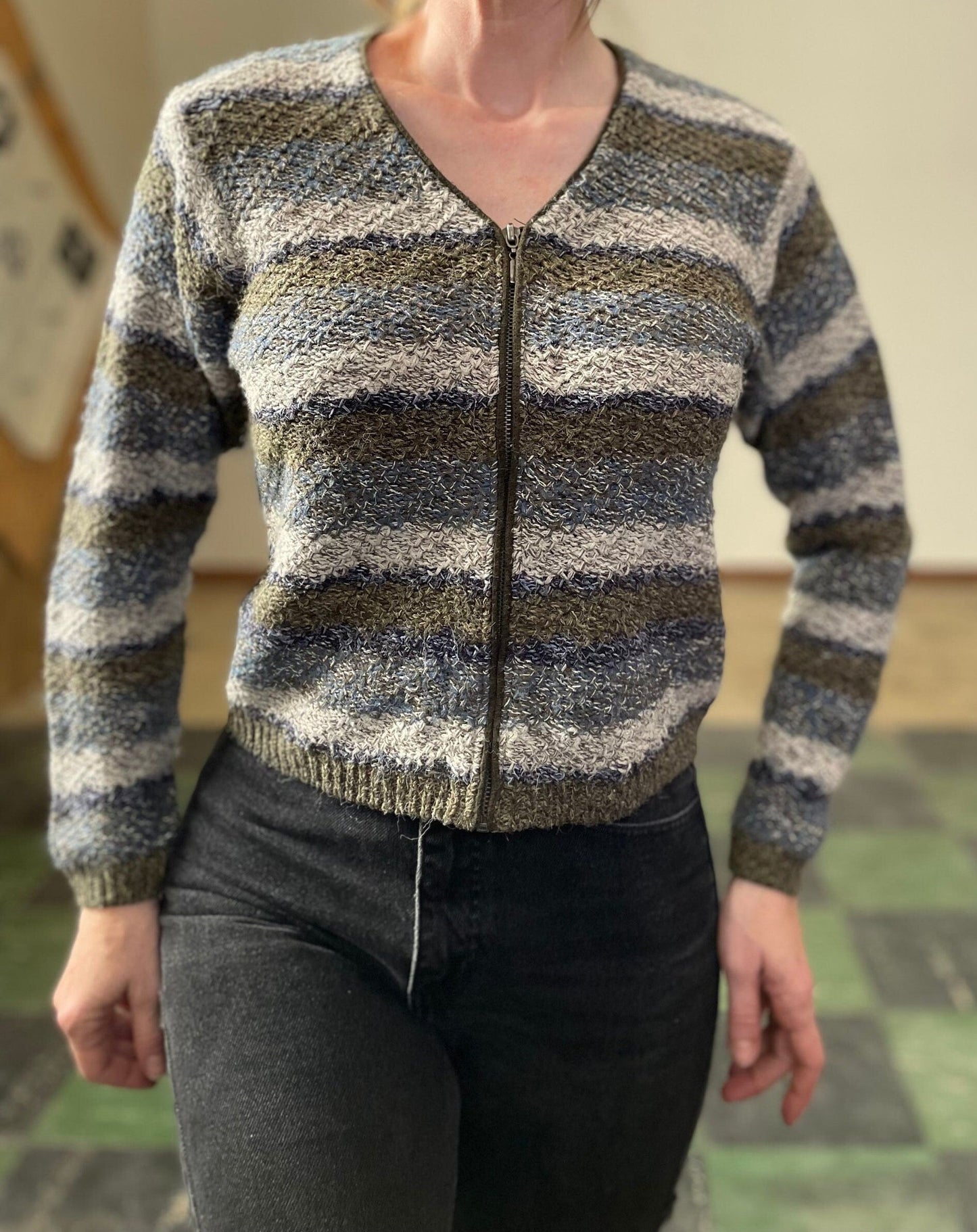 vtg 90s FITTED SILK SWEATER // vintage phoebe buffay style womens small zip up textured striped knit cardigan casual neutral tones winter