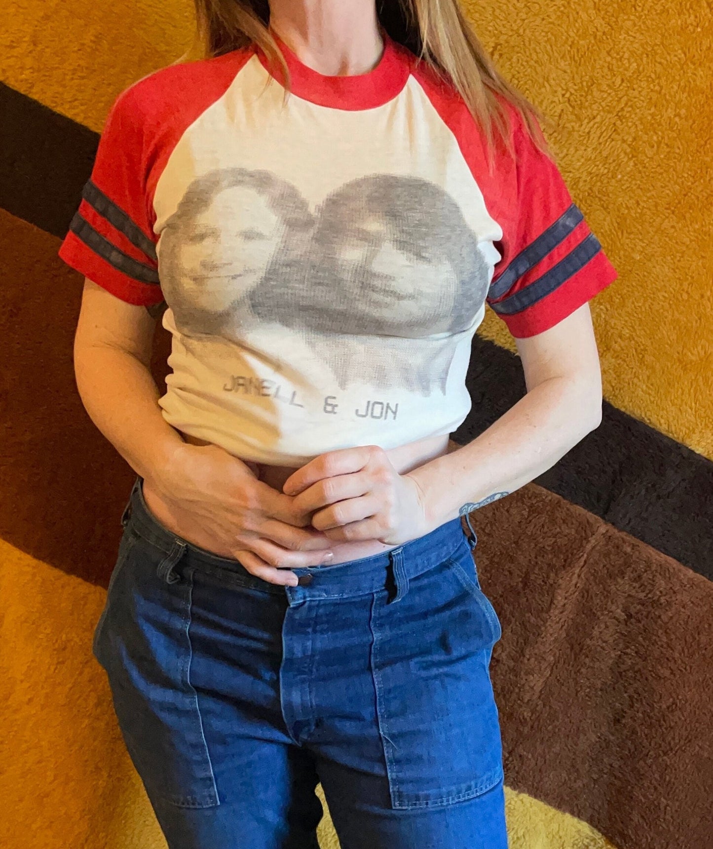 vtg 70s FACES PHOTO PIXEL booth /vintage champion blue bar medium art real couples carnival souvenir striped raglan retro ringer shirt