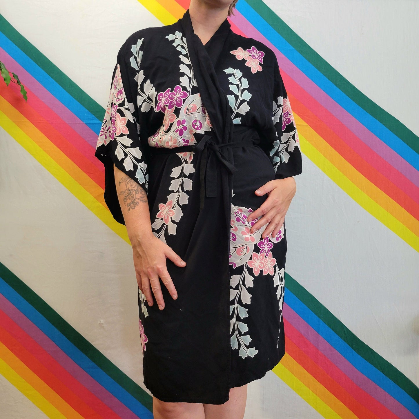 vtg 70s RAYON ROBE DRESS / belted black floral robe beach cover flowy mid length flowy lightweight summer kimono beach pajamas soft goth