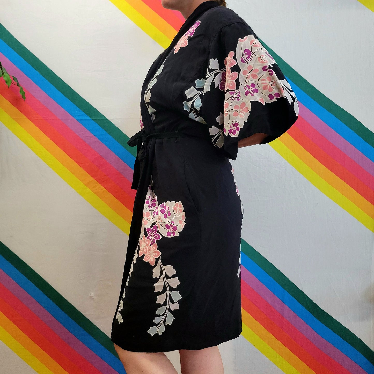 vtg 70s RAYON ROBE DRESS / belted black floral robe beach cover flowy mid length flowy lightweight summer kimono beach pajamas soft goth