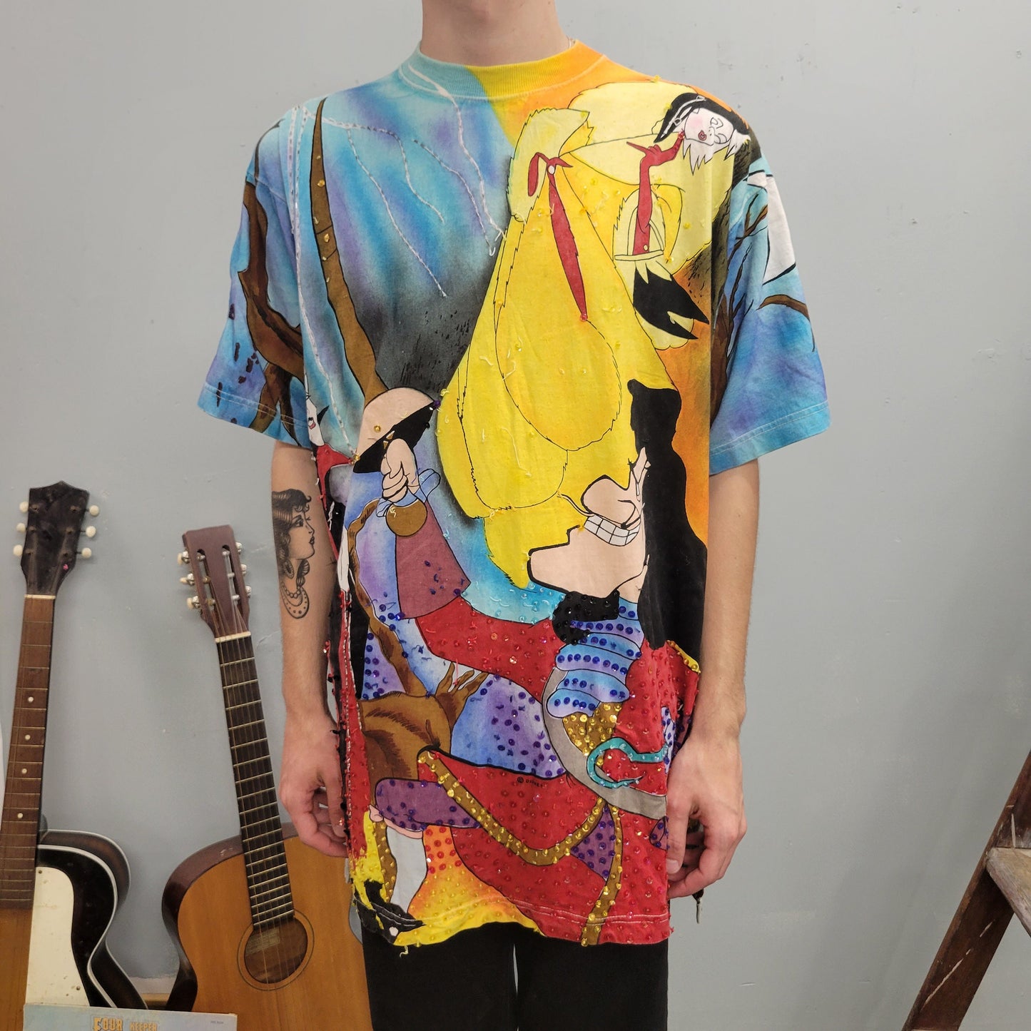 vtg 90s DISNEY VILLAINS SHIRT // maleficent sleeping beauty captain hook peter pan jou jou all over print neon beaded watercolor xl t shirt