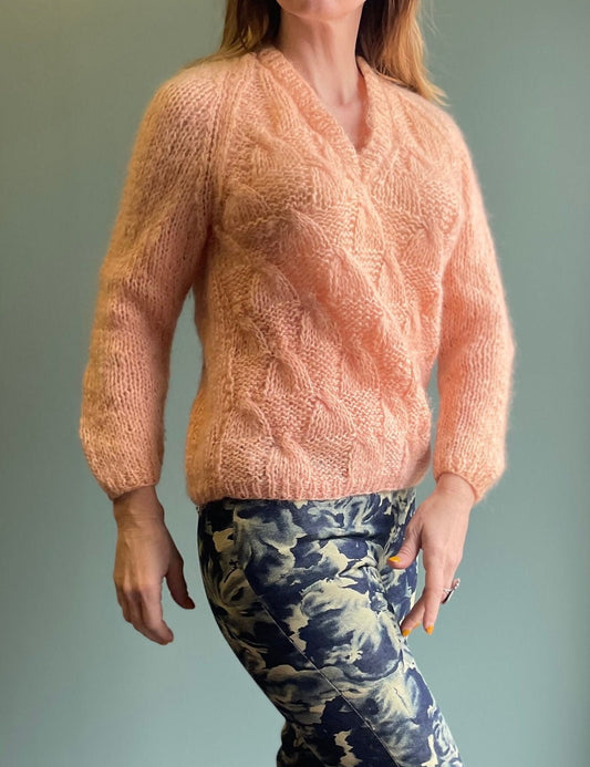 vtg 60s PINK MOHAIR SWEATER // V neck fuzzy pastel cable knit  pastel peach cozy warm wool autumn vibes barbie core coquette cute thick top
