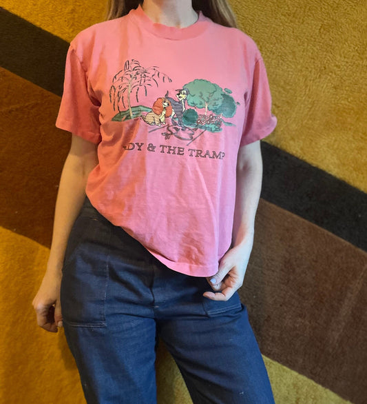 vtg 90s LADY & THE TRAMP Shirt // embroidered tshirt disney store cartoon pink spring graphic tee soft thin 80s bubble gum pink barbie core