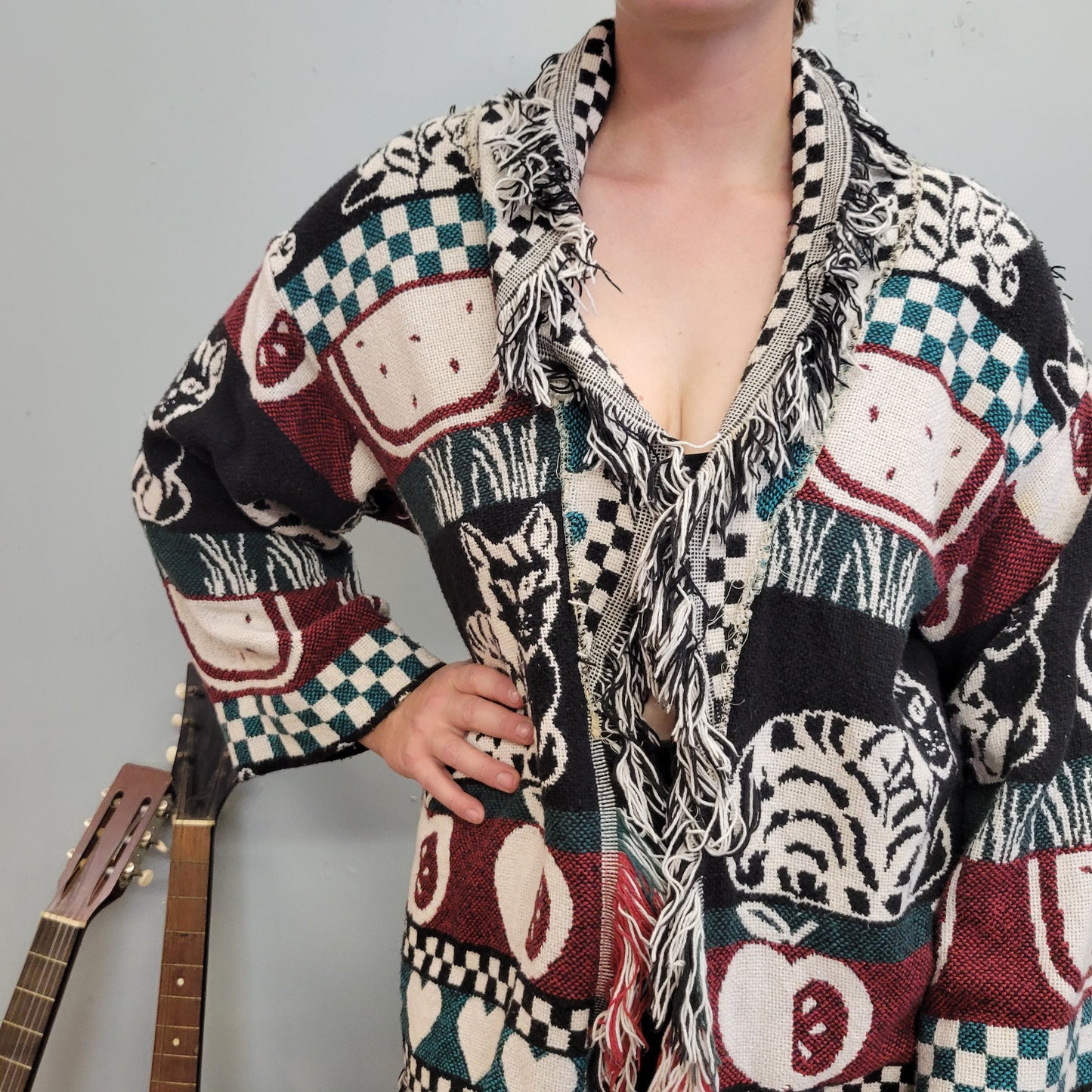 vtg 80s PATTERNED CAT CARDIGAN // cute afghan fringe sweater shaggy oversized teacher core all over print checkered apples warm knit jacket