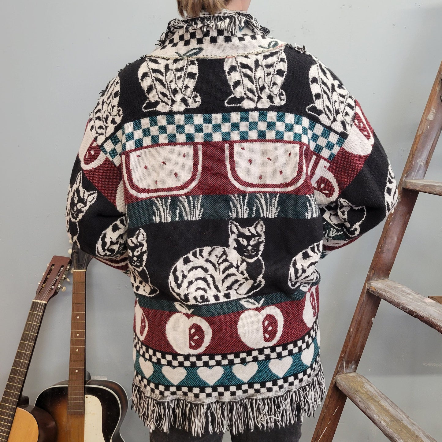 vtg 80s PATTERNED CAT CARDIGAN // cute afghan fringe sweater shaggy oversized teacher core all over print checkered apples warm knit jacket