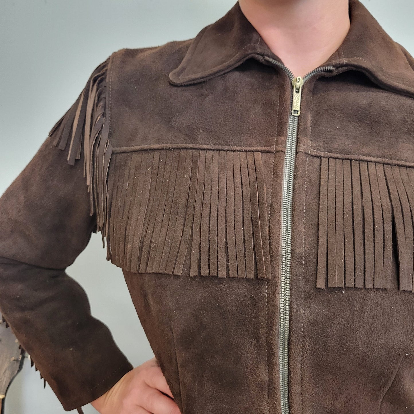 vtg 70s BUCKSKIN FRINGE TASSLE jacket // chocolate brown suede zip up hippie western ranch style motorcycle easy rider woodstock era leather
