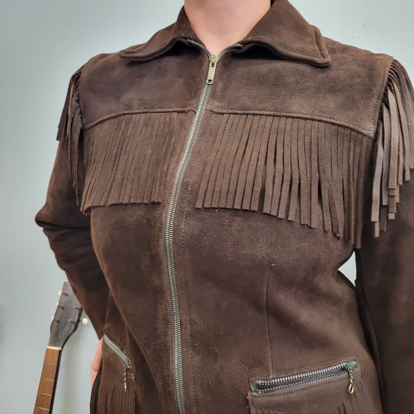 vtg 70s BUCKSKIN FRINGE TASSLE jacket // chocolate brown suede zip up hippie western ranch style motorcycle easy rider woodstock era leather