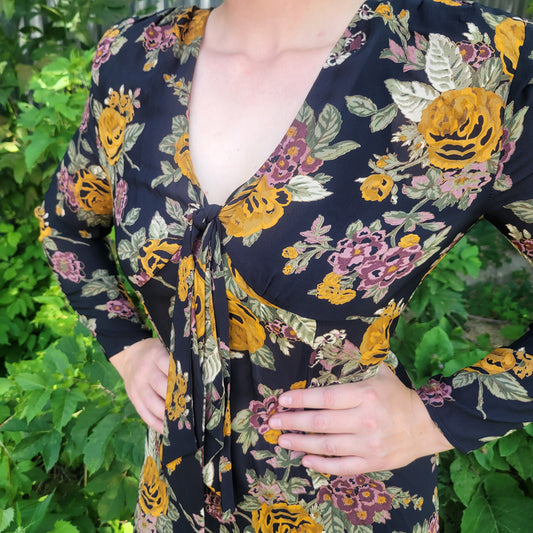 vtg 90s FLORAL MAXI DRESS // betsey johnson style yellow roses deep vee plunge flowy slinky 90210 valley girl cottage core preppy  tie waist