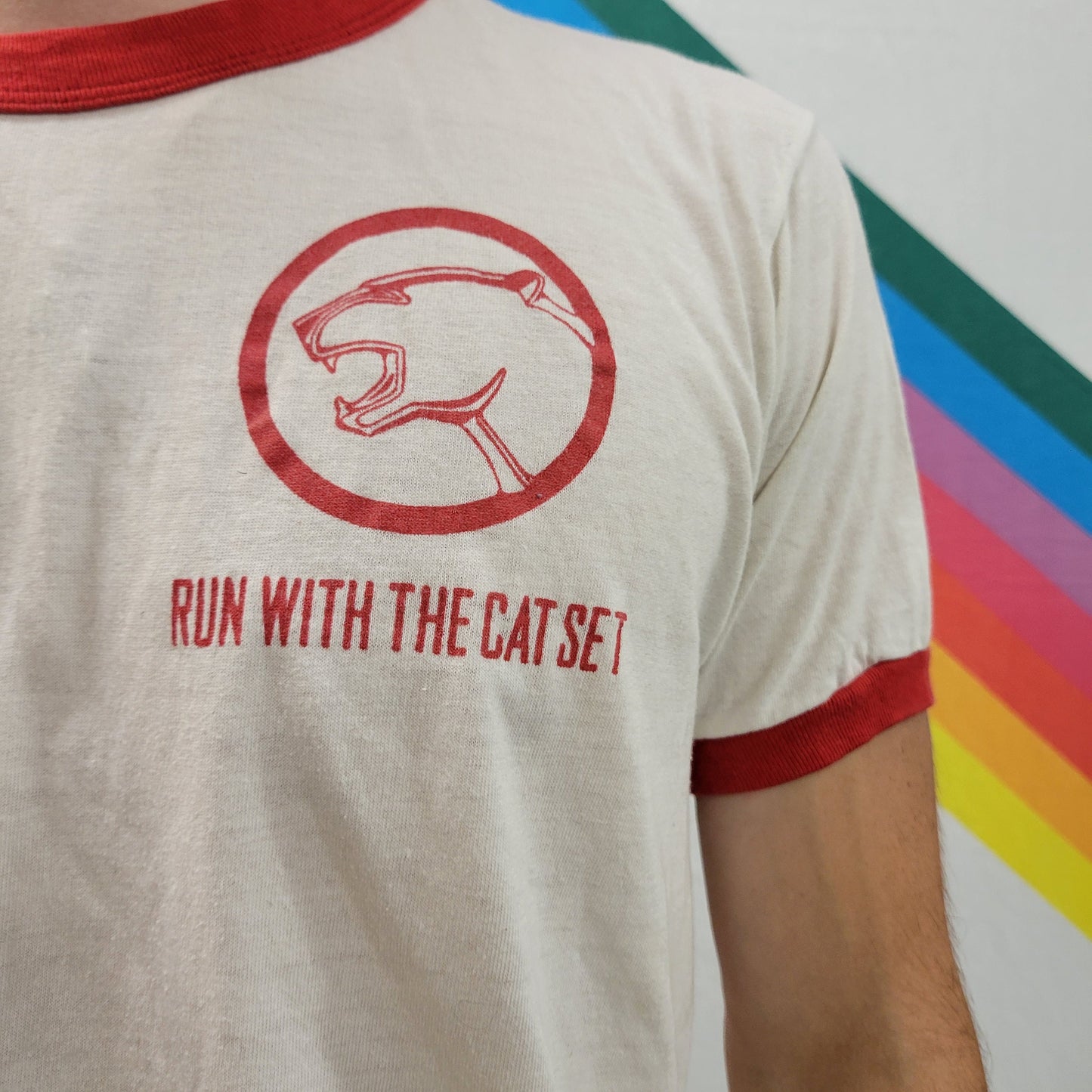 vtg 70s RUN WITH the CAT set ringer tee // vintage runner track athletic camp school mascot graphic thin distressed perfect summer tshirt