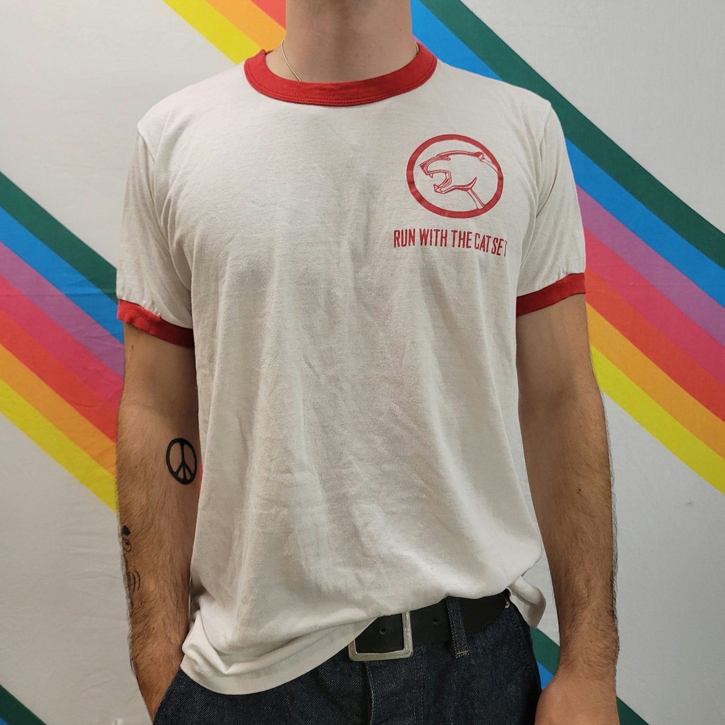 vtg 70s RUN WITH the CAT set ringer tee // vintage runner track athletic camp school mascot graphic thin distressed perfect summer tshirt
